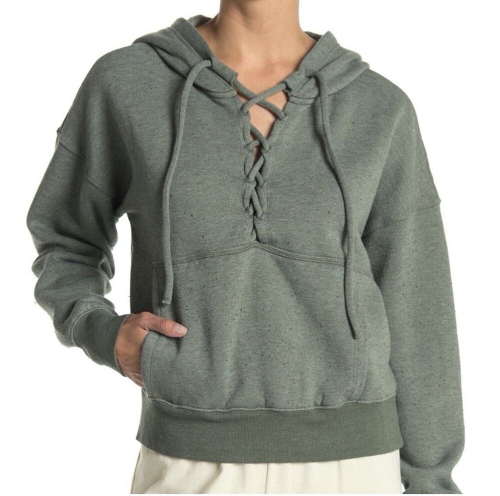 Free People Movement Believe It Lace Up Oversize Crop Hoodie‎ Green Women's Sz M